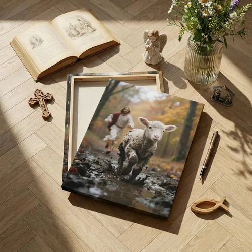 Miniatura 4 de Lienzo de Jesús corriendo tras cordero perdido, arte de pared de Jesús y cordero, póster de buen pastor cristiano, arte impreso para sala de Oveja