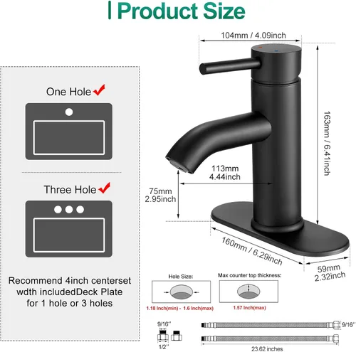Miniatura 5 de VOTON Grifo de Baño Negro de Una Sola Manija Grifo de Lavabo de Baño Negro Mate Grifo de Lavabo RV para Recipiente de Baño 1 o 3 Agujeros con Placa