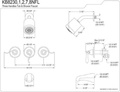 Miniatura 2 de Kingston Brass KB8237NFL NuWave - Grifo francés de triple mango para bañera y ducha en latón cepillado