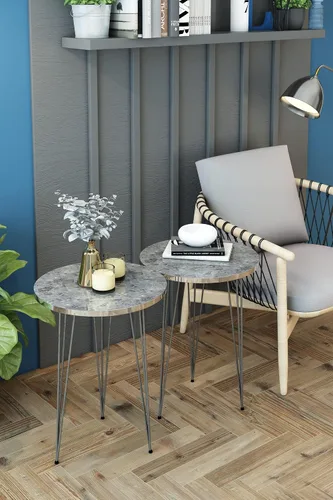 Miniatura 17 de Juego de 2 mesas auxiliares redondas de madera para sofá para espacios pequeños, mesita de noche con patas de metal para dormitorio, sala de estar