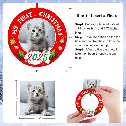 Miniatura 4 de PETCEE Adornos de gato para árbol de Navidad - Mi Primera Navidad Ornamento 2025 Marco de fotos de gatito Adornos personalizados para colgar fotos
