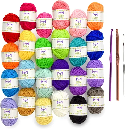 Mira HandCrafts 24 madejas de hilo acrílico, 525 yardas de hilo artesanal para tejer y ganchillo, incluye 2 ganchos, 2 agujas de tejer, 7 libros