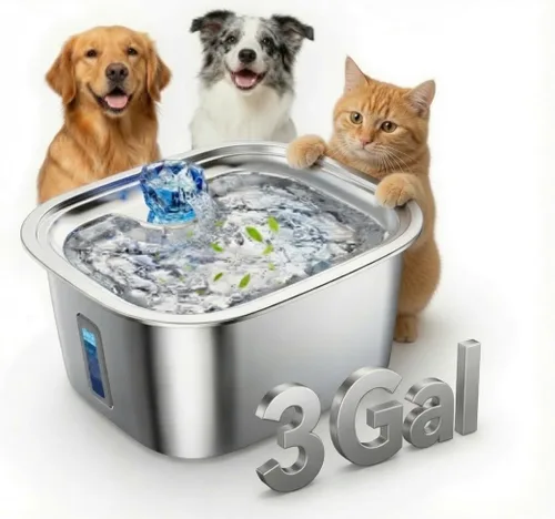 PETNF Fuente de agua de acero inoxidable de 3 galones para perros grandes, dispensador de tazón de agua para perros con 2 filtros, ventana de agua