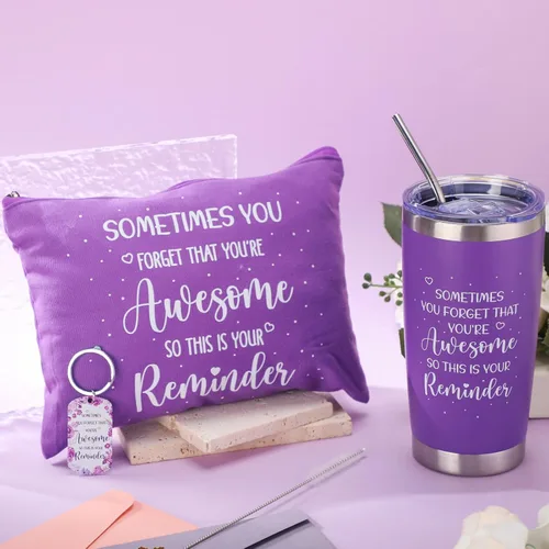 Miniatura 2 de Zhehao Juego de 3 regalos de cumpleaños morados para mujeres, set de regalos inspiradores de 20 onzas, con texto en inglés "You Are Awesome ", bolsa