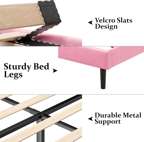 Miniatura 6 de Gruwans Marcos de Cama Tamaño Doble con Cabecera con Respaldo de Ala, Marco de Cama Plataforma de Fácil Montaje, Soporte de Listones de Madera Rosado