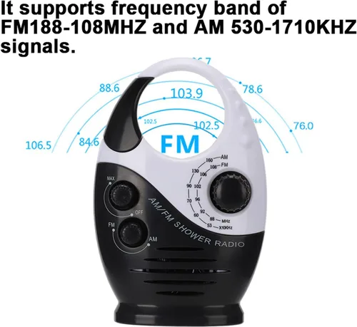 Miniatura 6 de Radio de ducha impermeable, radio AM/FM con altavoces de volumen ajustables, altavoces portátiles alimentados por batería con mango de gancho