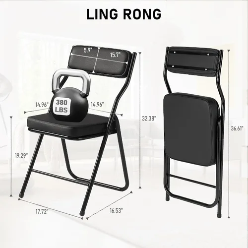 Miniatura 3 de Paquete de 2 sillas plegables acolchadas negras con cojín y respaldo de piel sintética, silla de comedor plegable tapizada con marco de metal