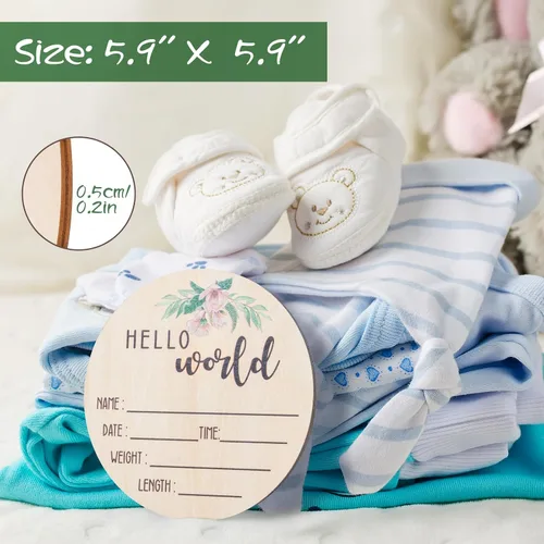 Miniatura 6 de Letrero de anuncio de bebé para nacimiento de recién nacido: letrero de madera con el nombre del mundo para hospital, tablero redondo floral