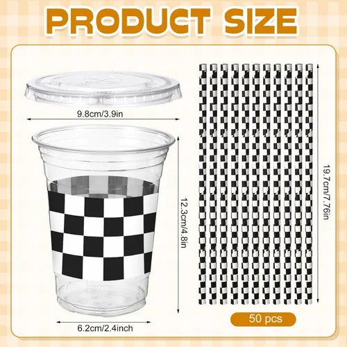 Miniatura 3 de Sliner 50 juegos de vasos de plástico a cuadros de 16 onzas con tapas y pajitas de papel, vasos desechables transparentes para fiesta de autos