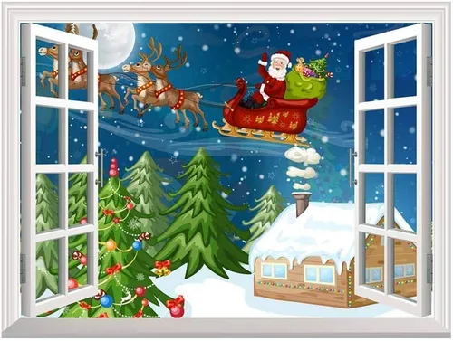 Miniatura 14 de wall26 Mural de pared de dibujos animados de Papá Noel y renos volando sobre la azotea en Nochebuena, 24 x 32 pulgadas