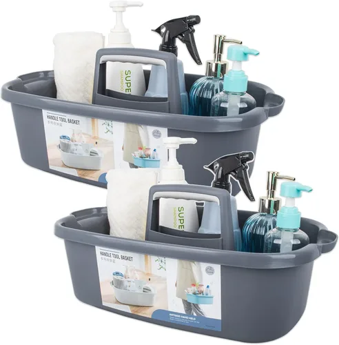 Organizador de suministros de limpieza grande portátil con asa, cubo de plástico, almacenamiento de herramientas para baño, dormitorio, cocina, Gris