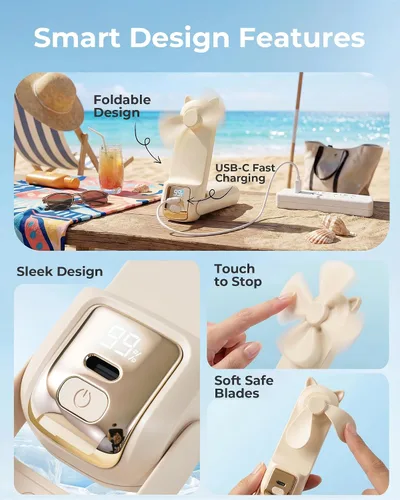 Miniatura 7 de FrSara Ventilador de mano portátil, pequeño ventilador personal recargable, artículos esenciales de viaje de verano con 3 velocidades, 2000 mAh