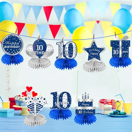 Miniatura 3 de 8 centros de mesa de panal azul plateado para décimo cumpleaños de niños, suministros de fiesta de cumpleaños para decoración de mesa, decoración