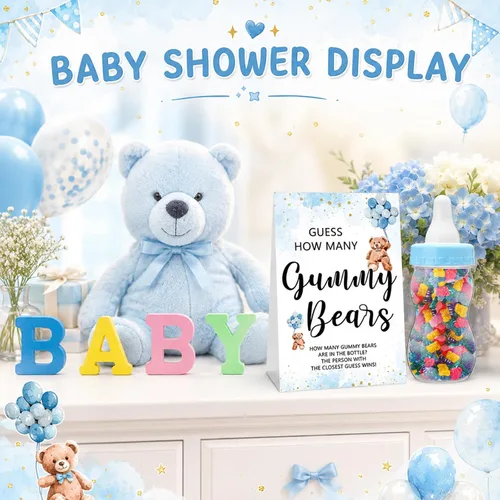 Miniatura 6 de Qilery 122 Piezas Juegos de Baby Shower Adivina Cuántos Osos 100 Tarjetas de Adivinanzas 20 Lápices 1 Botella 1 Cartel de Madera en Pie