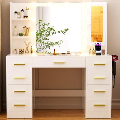 Miniatura 9 de ERLEJIA Escritorio de tocador con espejo y luces, escritorio grande de maquillaje blanco de 43 pulgadas con 9 cajones y toma de corriente, 3