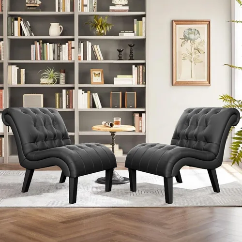 Miniatura 8 de Silla decorativa de piel sintética negra moderna con botones capitoné tapizada sin brazos para dormitorio, sala de estar con patas de madera