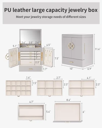 Miniatura 5 de Vlando Caja organizadora de joyas grande, caja de almacenamiento de joyas de 5 capas con espejo y 4 cajones para aretes, collares, anillos