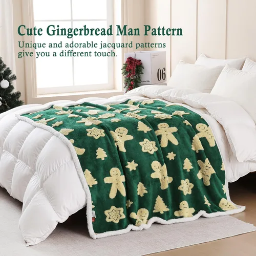Miniatura 4 de SOCHOW - Manta de forro polar sherpa con jacquard navideño de jengibre, manta de felpa reversible, cálida y difusa, muy suave, para la cama, el sofá