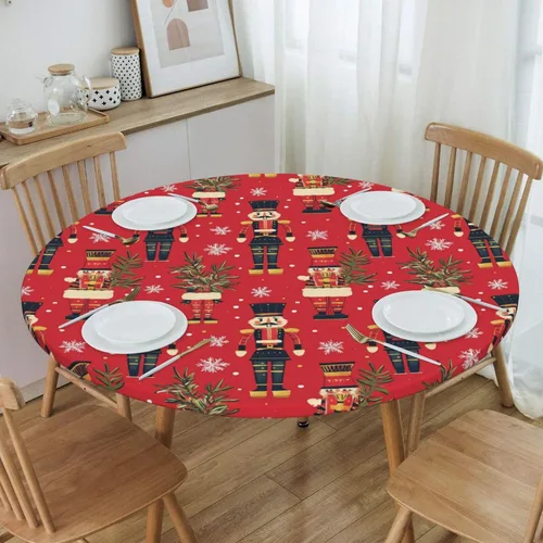 Miniatura 4 de Delerain Mantel redondo ajustable de Cascanueces de Navidad, mantel redondo impermeable con borde elástico, lavable, para interiores y exteriores