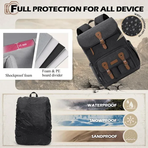 Miniatura 6 de RAINSMORE Mochila para Cámara para DSLR/SLR Sin Espejo Portátil de 15.6 Pulgadas Mochila para Cámara para Fotógrafos Bolsas Estuche de Fotografía