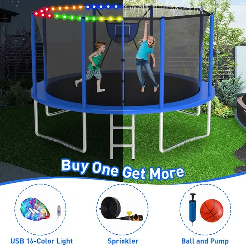Miniatura 6 de Trampolín para exteriores de 1500 libras con luz+rociador+calcetines, trampolín resistente de 16 pies, 14 pies, 12 pies, con aro de baloncesto, Azul