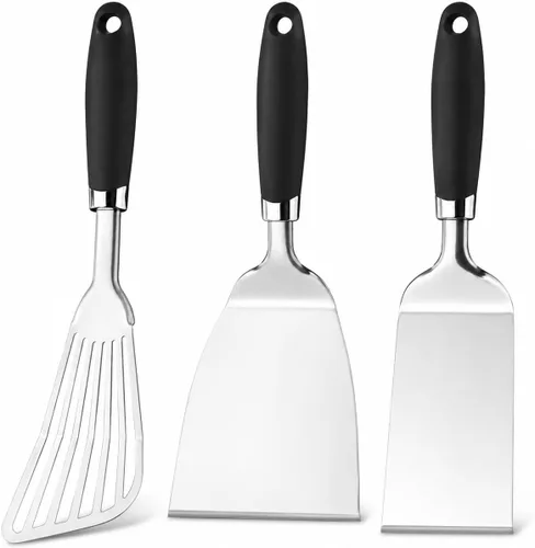 Miniatura 7 de Espátula de pescado de acero inoxidable 304, delgada y flexible ranurada con mango ergonómico antideslizante, espátula de metal para peces, huevos
