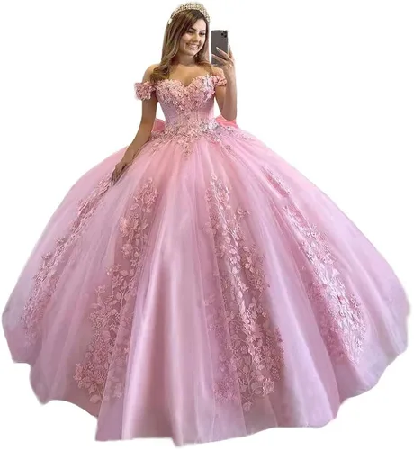 XYAYE Vestidos de quinceañera con hombros descubiertos para mujer, vestido de fiesta hinchado de flores 3D, vestido de fiesta de encaje con cuentas
