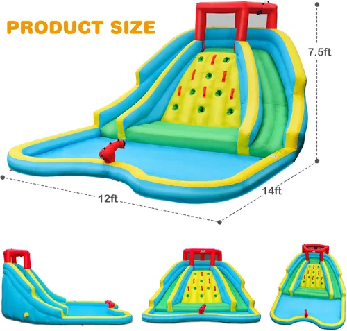 Miniatura 7 de OLAKIDS Tobogán acuático inflable, parque acuático 5 en 1 con 2 toboganes, pared de escalada, pistola de agua grande para piscina, castillo de salto