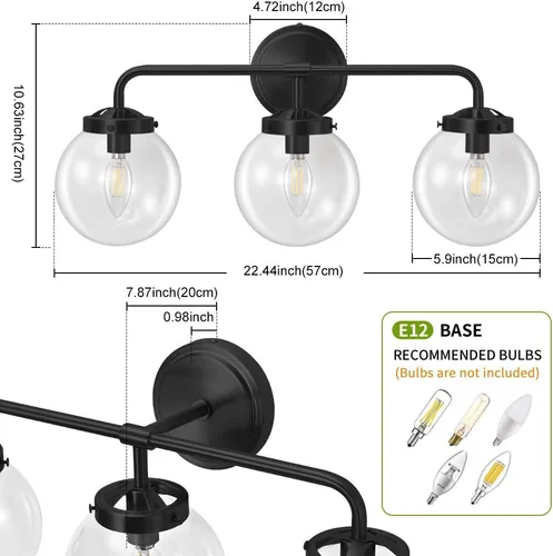 Miniatura 2 de Lámparas de Tocador de Baño Negras Sobre Espejo, Aplique de Pared Moderno Negro Mate de 3 Luces con Pantalla de Bola de Vidrio Transparente, Luces