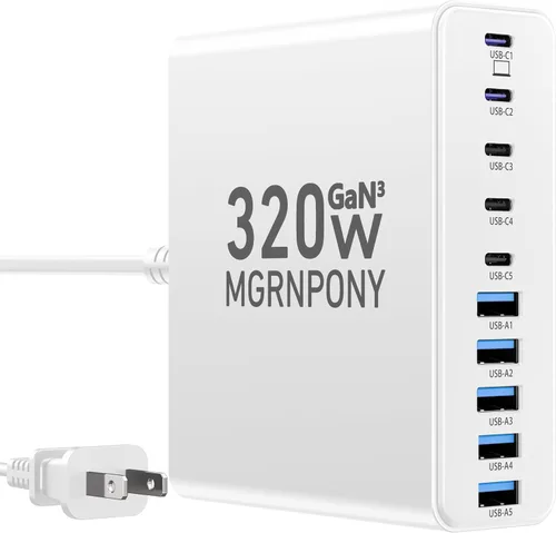 Miniatura 10 de Bloque de Cargador USB C de 320W, Estación de Carga de 10 Puertos USB C GaN III PD 65W Adaptador de Carga Rápida para Laptop para MacBook Pro/Air