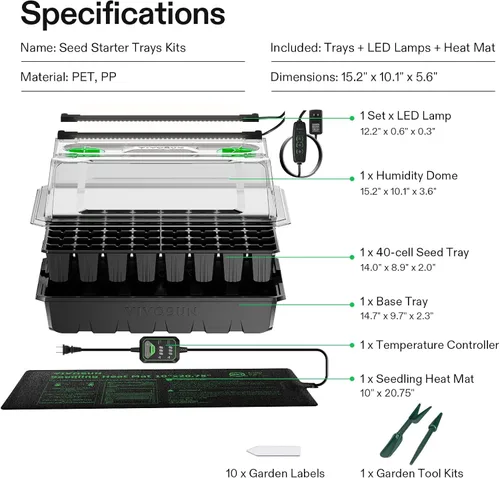 Miniatura 6 de VIVOSUN 1 paquete de bandejas iniciadoras de semillas de 40 celdas con 1 juego de luces LED y alfombrilla térmica para plántulas de 10"x20.75