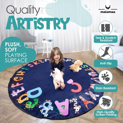 Miniatura 4 de ABC - Alfombra del alfabeto para niños, alfombra de juego redonda azul de 6 pies para niños pequeños y bebés, decoración suave para el cuarto