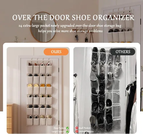 Miniatura 6 de homyfort Organizador de zapatos sobre la puerta, 24 bolsillos grandes de malla transpirable, estante colgante para zapatos que ahorra espacio