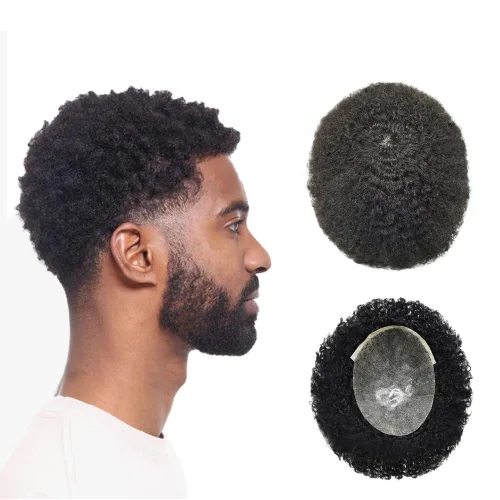 Afro Toupee para hombres negros, piel de polietileno completa, inyección de PU, sistema de reemplazo de cabello humano afro ondulado, unidades de