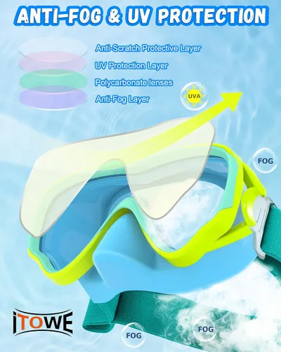 Miniatura 5 de Gafas de natación para niños con correa de tela para niños de 3 a 15 años, gafas de natación a prueba de fugas con cubierta nasal, vista clara