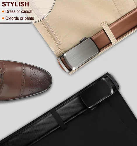 Miniatura 6 de BULLIANT Cinturones para hombre, paquete de 2, cinturón deslizante de trinquete ajustable para regalo, vestido casual de 1 38 pulgadas, corte