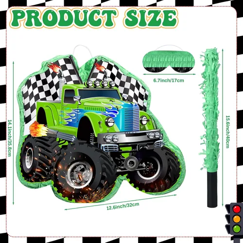 Miniatura 2 de Faccito Piñata de camión de carreras de monstruo con venda y palo, piñata de carreras pequeña verde para decoración de fiestas de niños, 14.1 x 12.6