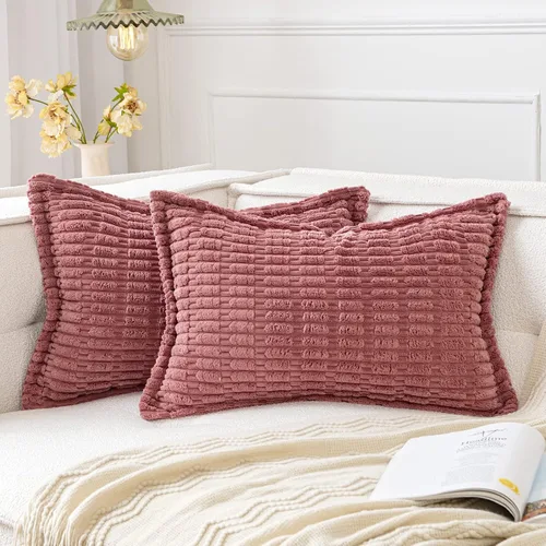 Miniatura 28 de MIULEE - Juego de 2 fundas de almohada decorativas de terciopelo de pana, naranja quemado, para otoño, suaves, a rayas, con borde ancho, decoración