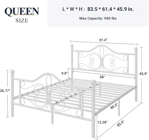 Miniatura 2 de Allewie - Marco de cama tamaño Queen con cabecera, base de cama de metal con cabecera y piecera con diseño de patrón de mariposa, no necesita Blanco