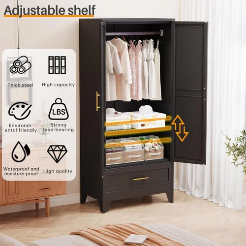 Miniatura 3 de RIETERN Armario Ropero de Metal, 71" de Alto Armario de Dormitorio con Espejo, 1 Cajón, Estantes Ajustables, y Barra para Colgar, Armarios de Acero