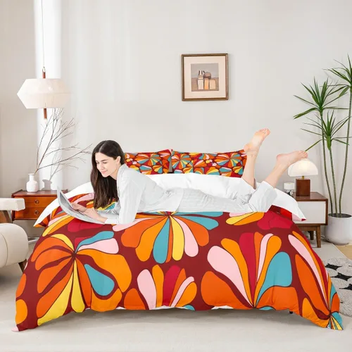 Miniatura 3 de Juego de ropa de cama vintage bohemio con diseño floral de plantas de los años 60S y 70S, Groovy Rainbow para niños y adolescentes, funda de edredón