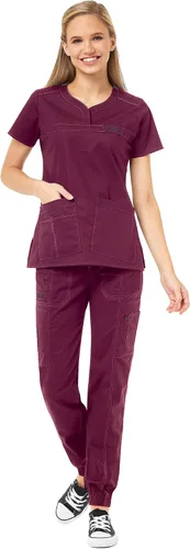 WonderWink WonderFLEX - Camiseta curvada con cuello muesca para mujer 6208 y pantalón deportivo con cremallera tipo cargo 5908 (XS - 3XL)