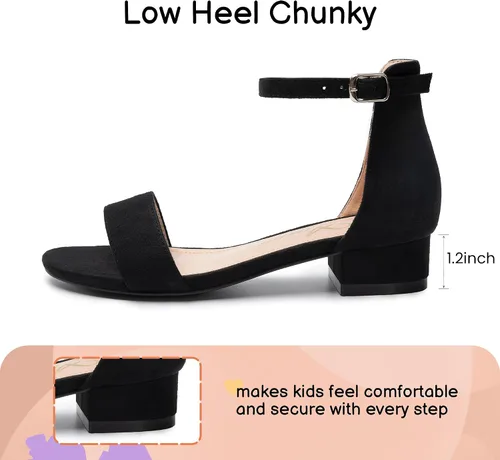 Miniatura 32 de Athlefit Sandalias para niñas, puntera abierta, correa en el tobillo, tacones bajos, zapatos de vestir para niñas pequeñas y grandes