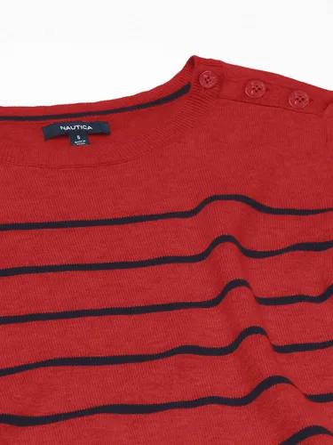 Miniatura 7 de Nautica Suéter de manga larga para mujer, 100% algodón, a rayas, cuello redondo