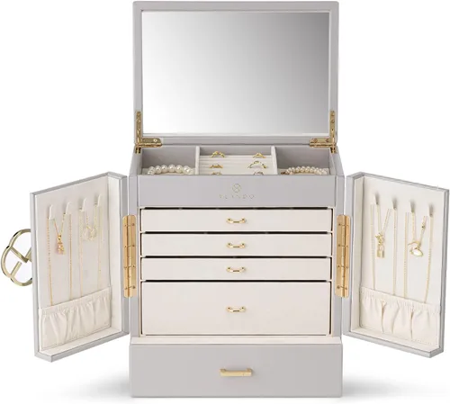 Miniatura 8 de Vlando Joyero organizador 2023 para mujer, caja de joyería grande con 5 dibujados, cajas de joyería de piel sintética, aretes, collar, anillos, gris