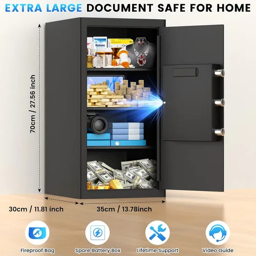Miniatura 2 de Caja fuerte de acero de 27.56 pulgadas de alto, 6.0 pies cúbicos, cajas fuertes para el hogar con bolsa ignífuga e impermeable, cajas fuertes