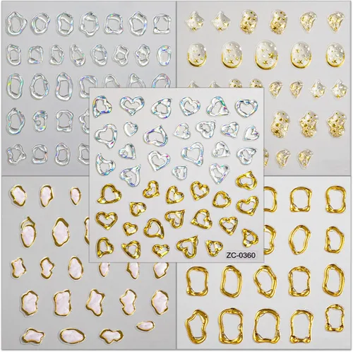 Miniatura 7 de Calcomanías de arte de uñas en relieve dorado 5D, calcomanías de cristal suave, marcos geométricos irregulares, calcomanías de corazón, diseños