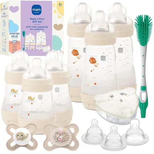 MAM Juego de Alimentación Primer Regalo del Bebé, Artículos Esenciales para Recién Nacidos Imprescindibles para 0-3 Meses, Biberones Anticólicos