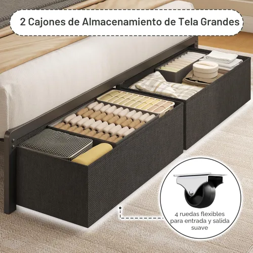 Miniatura 5 de Fluest Base de cama Queen con 2 cajones, cabecera tapizada con estación de almacenamiento y carga, luces LED, cajones de tela con ruedas
