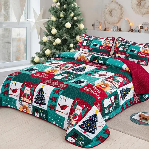 Miniatura 2 de WONGS BEDDING Juego de edredón de Navidad tamaño Queen, juego de ropa de cama con estampado de Papá Noel, alce, copo de nieve y árbol de Navidad